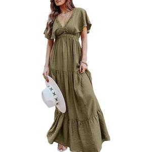 imageAmegoya Womens Casual Short Sleeve V Neck Floral Maxi Dresses Boho Beach Photoshoot Flowy Ruffle Long Dress3olive Green