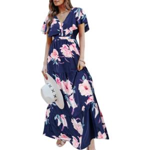 imageAmegoya Womens Casual Short Sleeve V Neck Floral Maxi Dresses Boho Beach Photoshoot Flowy Ruffle Long Dress4navy Blue Floral