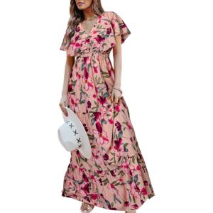imageAmegoya Womens Casual Short Sleeve V Neck Floral Maxi Dresses Boho Beach Photoshoot Flowy Ruffle Long Dress4pink Floral
