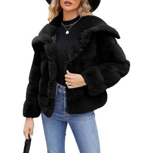 imageSimplee Apparel Womens Faux Fur Coat Fleece Cropped Jacket Long Sleeve Fur Coats Warm Winter Jackets 2025Black