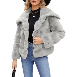 imageSimplee Apparel Womens Faux Fur Coat Fleece Cropped Jacket Long Sleeve Fur Coats Warm Winter Jackets 2025Grey