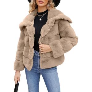 imageSimplee Apparel Womens Faux Fur Coat Fleece Cropped Jacket Long Sleeve Fur Coats Warm Winter Jackets 2025Light Khaki