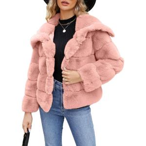 imageSimplee Apparel Womens Faux Fur Coat Fleece Cropped Jacket Long Sleeve Fur Coats Warm Winter Jackets 2025Pink