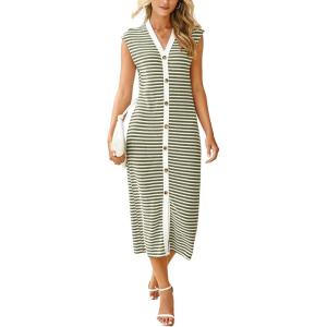imageSimplee Women Button Striped Summer Dress Knit Casual Cap Sleeve VNeck Midi Comfy Travel Dresses 2025 TrendyArmy Green