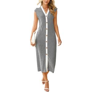 imageSimplee Women Button Striped Summer Dress Knit Casual Cap Sleeve VNeck Midi Comfy Travel Dresses 2025 TrendyBlack