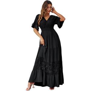 imageSimplee Women V Neck Formal Lace Maxi Dress Ruffle Flowy Short Sleeve Boho Wedding Guest Long DressLaceblack