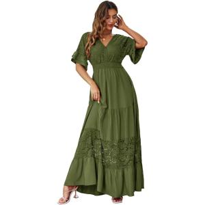 imageSimplee Women V Neck Formal Lace Maxi Dress Ruffle Flowy Short Sleeve Boho Wedding Guest Long DressLacegreen