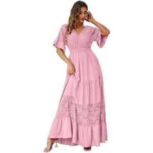 imageSimplee Women V Neck Formal Lace Maxi Dress Ruffle Flowy Short Sleeve Boho Wedding Guest Long DressLacepink Purple