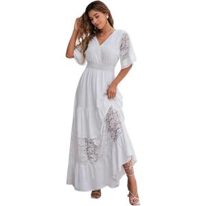 imageSimplee Women V Neck Formal Lace Maxi Dress Ruffle Flowy Short Sleeve Boho Wedding Guest Long DressLacewhite