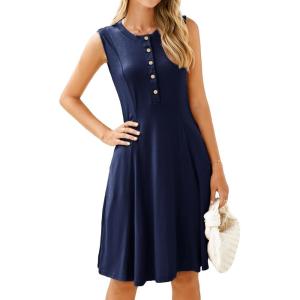 imageSimplee Womens 2025 Summer Mini Dress  Casual Sleeveless Button Down Vacation Short Sundress with PocketsNavy Blue