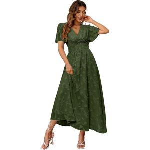imageSimplee Womens Boho Floral Maxi Dress Flowy Casual V Neck Short Sleeve Wedding Guest Holiday Beach Long Dress1armygreen