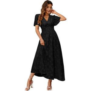 imageSimplee Womens Boho Floral Maxi Dress Flowy Casual V Neck Short Sleeve Wedding Guest Holiday Beach Long Dress1black