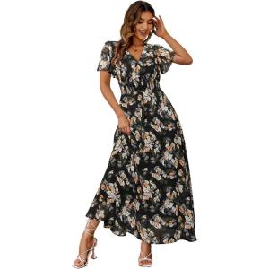 imageSimplee Womens Boho Floral Maxi Dress Flowy Casual V Neck Short Sleeve Wedding Guest Holiday Beach Long Dress1black Leaf