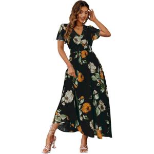 imageSimplee Womens Boho Floral Maxi Dress Flowy Casual V Neck Short Sleeve Wedding Guest Holiday Beach Long Dress1black2