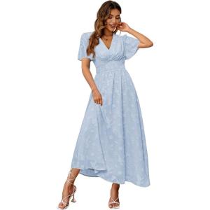 imageSimplee Womens Boho Floral Maxi Dress Flowy Casual V Neck Short Sleeve Wedding Guest Holiday Beach Long Dress1blue1