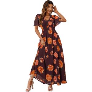 imageSimplee Womens Boho Floral Maxi Dress Flowy Casual V Neck Short Sleeve Wedding Guest Holiday Beach Long Dress1burgundy