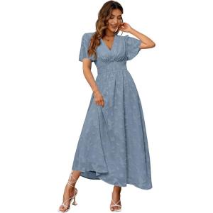 imageSimplee Womens Boho Floral Maxi Dress Flowy Casual V Neck Short Sleeve Wedding Guest Holiday Beach Long Dress1dusty Blue