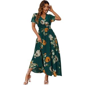 imageSimplee Womens Boho Floral Maxi Dress Flowy Casual V Neck Short Sleeve Wedding Guest Holiday Beach Long Dress1emerald Green