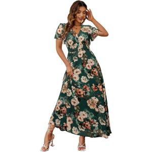 imageSimplee Womens Boho Floral Maxi Dress Flowy Casual V Neck Short Sleeve Wedding Guest Holiday Beach Long Dress1green Rose