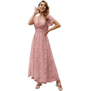imageSimplee Womens Boho Floral Maxi Dress Flowy Casual V Neck Short Sleeve Wedding Guest Holiday Beach Long Dress1grey Pink