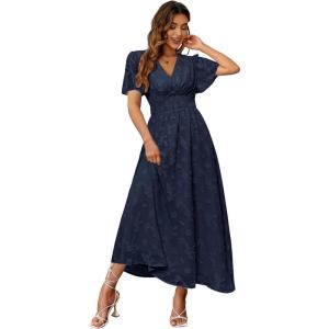 imageSimplee Womens Boho Floral Maxi Dress Flowy Casual V Neck Short Sleeve Wedding Guest Holiday Beach Long Dress1navy Blue