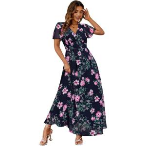 imageSimplee Womens Boho Floral Maxi Dress Flowy Casual V Neck Short Sleeve Wedding Guest Holiday Beach Long Dress1navy Flower