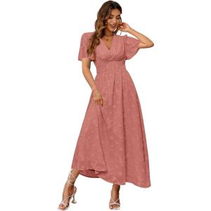 imageSimplee Womens Boho Floral Maxi Dress Flowy Casual V Neck Short Sleeve Wedding Guest Holiday Beach Long Dress1rust Red