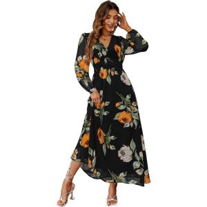 imageSimplee Womens Boho Floral Maxi Dress Flowy Casual V Neck Short Sleeve Wedding Guest Holiday Beach Long Dress2blacklong Sleeve