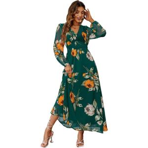 imageSimplee Womens Boho Floral Maxi Dress Flowy Casual V Neck Short Sleeve Wedding Guest Holiday Beach Long Dress2emerald Greenlong Sleeve