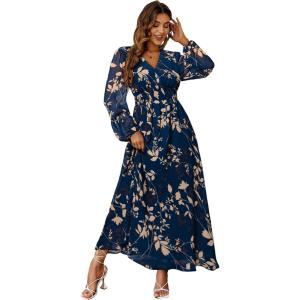 imageSimplee Womens Boho Floral Maxi Dress Flowy Casual V Neck Short Sleeve Wedding Guest Holiday Beach Long Dress2lake Bluelong Sleeve