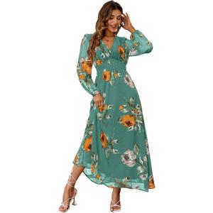 imageSimplee Womens Boho Floral Maxi Dress Flowy Casual V Neck Short Sleeve Wedding Guest Holiday Beach Long Dress2lake Greenlong Sleeve
