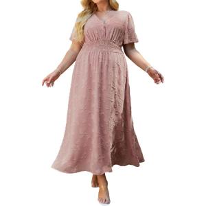 imageSimplee Womens Boho Floral Maxi Dress Flowy Casual V Neck Short Sleeve Wedding Guest Holiday Beach Long DressP1pink