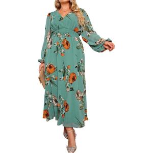 imageSimplee Womens Boho Floral Maxi Dress Flowy Casual V Neck Short Sleeve Wedding Guest Holiday Beach Long DressP2lake Green