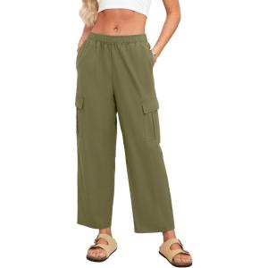 imageSimplee Womens Casual Cargo Pants High Waisted Wide Leg Summer Linen Pants Baggy Trousers Pants 6 PocketsAarmy Green