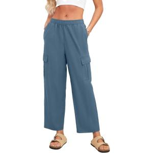 imageSimplee Womens Casual Cargo Pants High Waisted Wide Leg Summer Linen Pants Baggy Trousers Pants 6 PocketsAgreen Blue