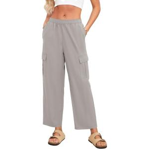 imageSimplee Womens Casual Cargo Pants High Waisted Wide Leg Summer Linen Pants Baggy Trousers Pants 6 PocketsAlight Grey