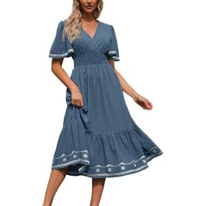 imageSimplee Womens Casual Floral Chiffon Midi Dress V Neck Empire Waist Flutter Sleeve Summer Boho Wedding Guest Dress
