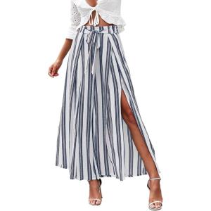 imageSimplee Womens Casual Split Wide Leg Pants High Waist Palazzo Flowy Beach Pants Summer Boho Lounge Pants with PocketsA1white Stripe