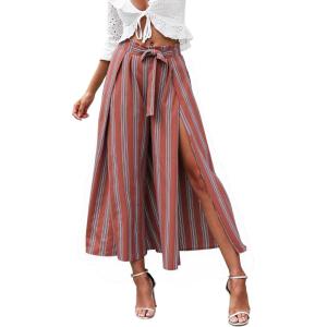 imageSimplee Womens Casual Split Wide Leg Pants High Waist Palazzo Flowy Beach Pants Summer Boho Lounge Pants with PocketsA2rust Red Stripe