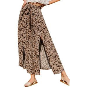 imageSimplee Womens Casual Split Wide Leg Pants High Waist Palazzo Flowy Beach Pants Summer Boho Lounge Pants with PocketsB1leopard Printed