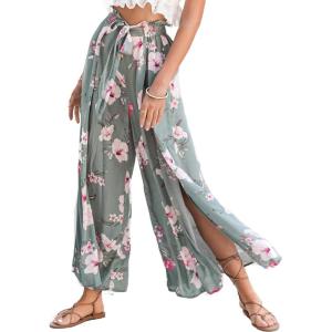 imageSimplee Womens Casual Split Wide Leg Pants High Waist Palazzo Flowy Beach Pants Summer Boho Lounge Pants with PocketsC1green Floral