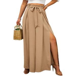 imageSimplee Womens Casual Split Wide Leg Pants High Waist Palazzo Flowy Beach Pants Summer Boho Lounge Pants with PocketsE2khaki