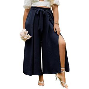 imageSimplee Womens Casual Split Wide Leg Pants High Waist Palazzo Flowy Beach Pants Summer Boho Lounge Pants with PocketsE9navy Blue