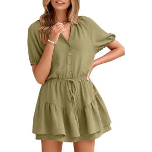 imageSimplee Womens Cute Summer Rompers  Casual V Neck Short Sleeve Ruffle Boho Romper Dresses Beach OutfitsArmy Green