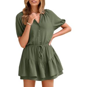 imageSimplee Womens Cute Summer Rompers  Casual V Neck Short Sleeve Ruffle Boho Romper Dresses Beach OutfitsDark Army Green