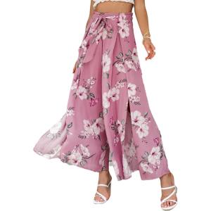 imageSimplee Womens Elegant Striped Split High Waisted Belted Flowy Wide Leg Pants 46 Pink Floral