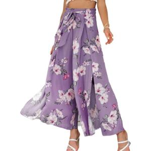 imageSimplee Womens Elegant Striped Split High Waisted Belted Flowy Wide Leg Pants 46PurpleFloral