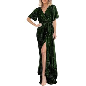 imageSimplee Womens Fall Wedding Guest Maxi Dress Boho Flowy V Neck Short Sleeve Semi Formal Sparkly Bridesmaid DressDark Green