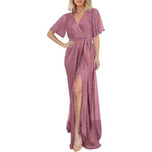 imageSimplee Womens Fall Wedding Guest Maxi Dress Boho Flowy V Neck Short Sleeve Semi Formal Sparkly Bridesmaid DressPurple Pink