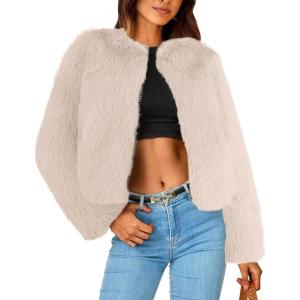 imageSimplee Womens Faux Fur Coat Furry Cropped Jacket Long Sleeve Warm Open Front Fur JacketsApricot